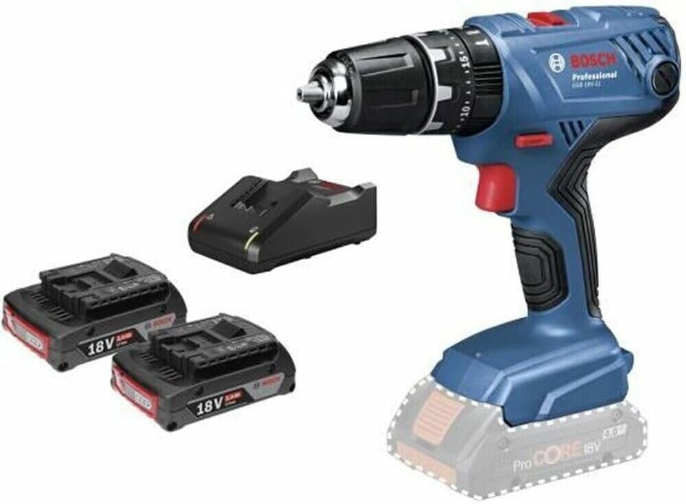 Bosch Professional 18V System GSB 18V-21 - Taladro percutor a batería (55 Nm, 1800 rpm, 2 baterías x 2.0 Ah, en L-BOXX)