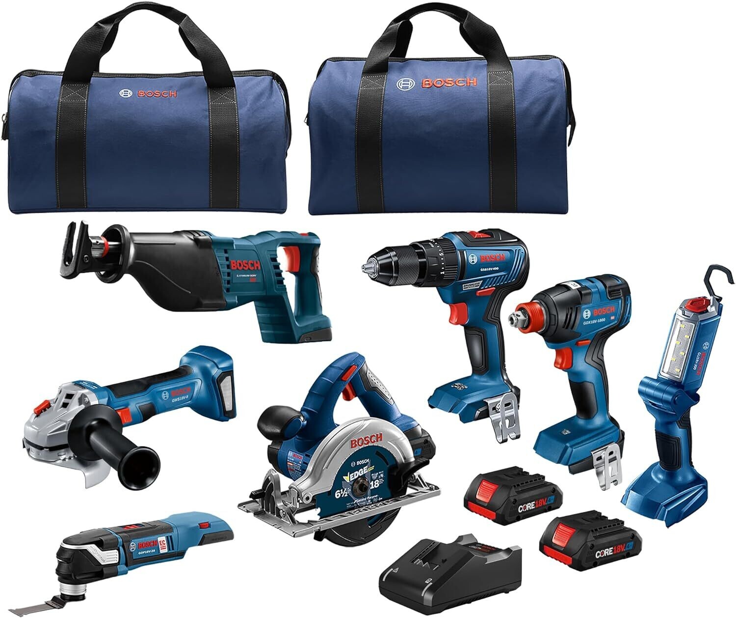Bosch GXL18V-701B25 Kit combinado de 7 herramientas de 18 V con destornillador de impacto 2 en 1, taladro de martillo/destornillador, sierra de receta, sierra circular, herramienta oscilante