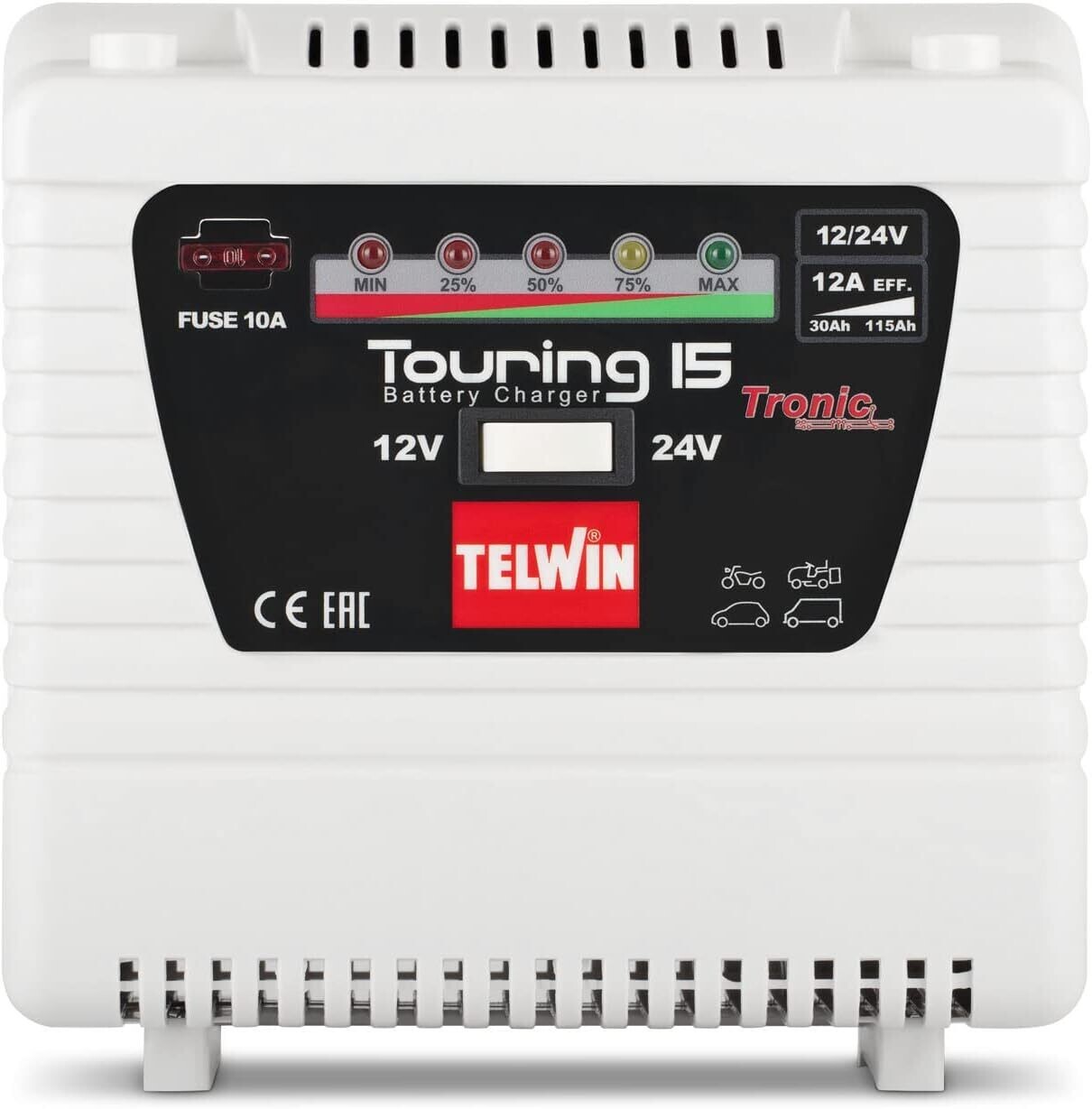 Telwin 807592 Touring 15 Cargador de batería con control electrónico, 230V, 12V/24V