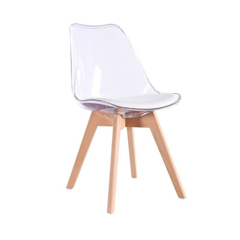 Silla TORRE 4P, madera, transparente, cojín blanco 4 sillones