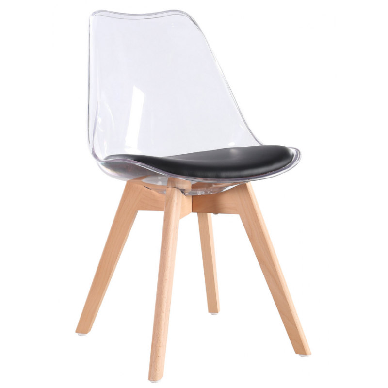 Silla TORRE 4P, madera, transparente, cojín negro 4 sillas