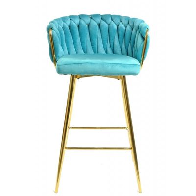 Taburete KING, metal, cromado dorado, tapizado velvet turquesa. 4 Sillas.