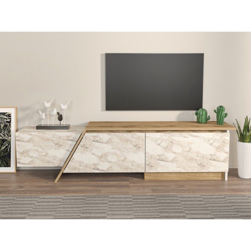 Mueble de TV PRUDENCE, biIaminado mármol blanco con roble, 180 cms.