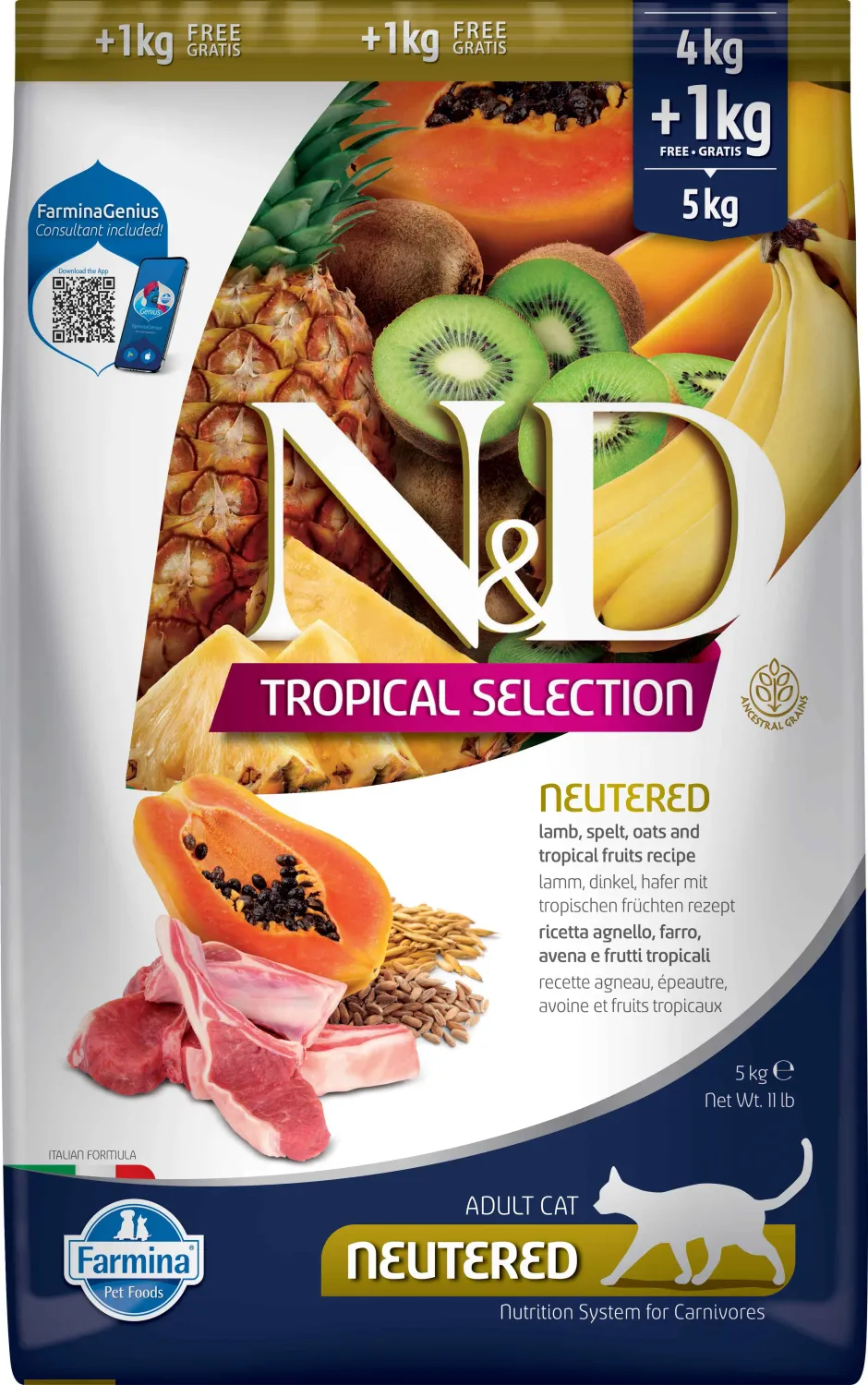 FARMINA ND CAT TROPICAL SELECTION NEUTERED CORDERO 4+1KG