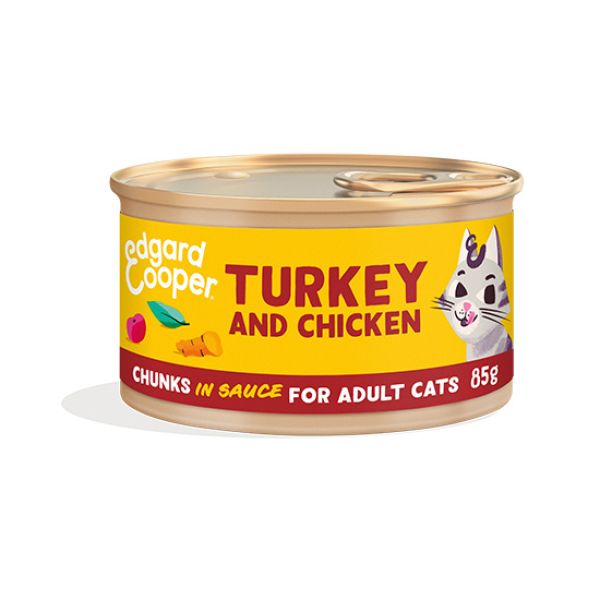 EDGARD & COOPER  FELINE ADULT TROCITOS PAVO Y POLLO LATA 18X85G