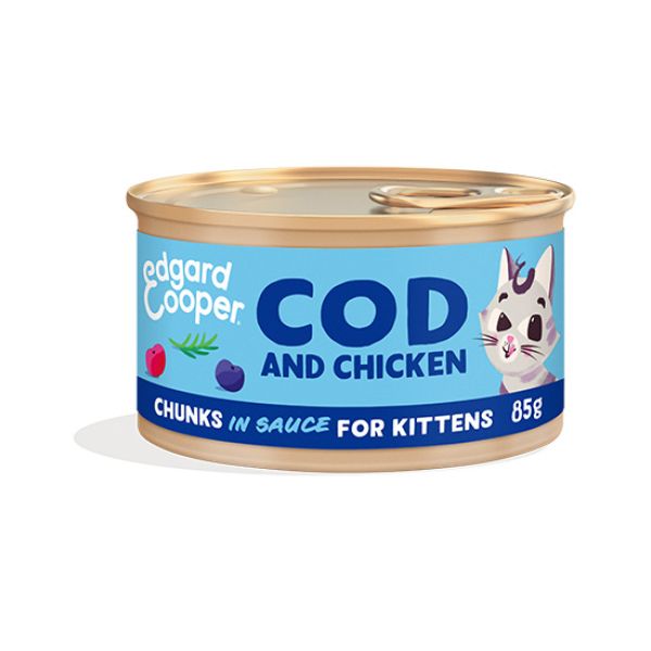 EDGARD & COOPER FELINE KITTEN TROCITOS BACALAO Y POLLO 18X85G