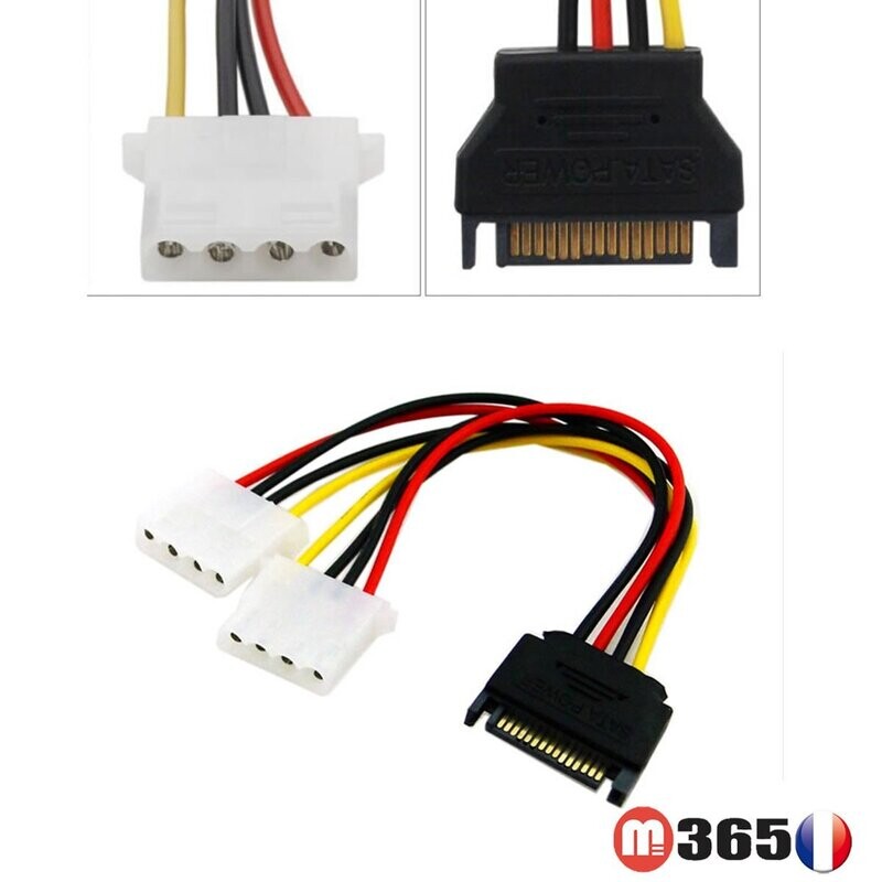 Câble Adaptateur Alimentation 2* MOLEX IDE femelle vers SATA mâle