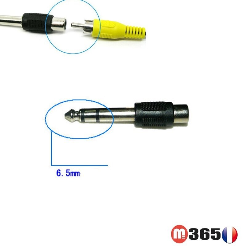 Adaptateur Coupleur Jack 6.5mm Stéréo male vers RCA Femelle to prise jack