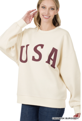 U. S. OF A Sweatshirt in Ivory/Burgundy