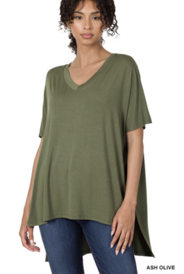 Lux V Neck Tee with Side Slits in Olive