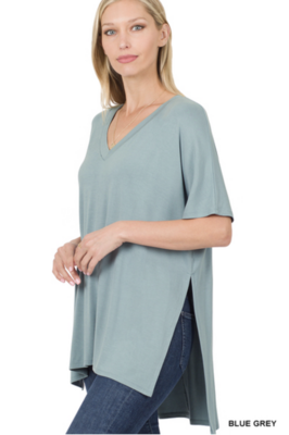 Lux V-Neck Tee with Side Slits in Blue Grey