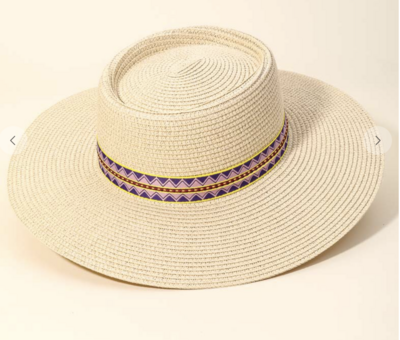 Straw Boater Hat With Purple Combo Band