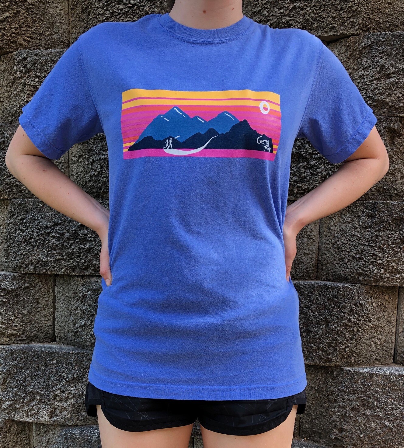 Gotta Run Lifestyle Mountain Sunset Comfort Color 100% cotton T-shirt - Flo Blue - Size Small