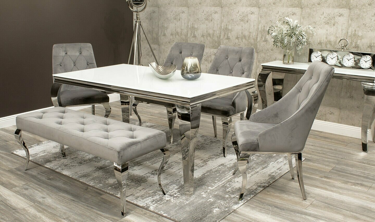 Laveda White Glass Dining Table + 4 Cassie Velvet Chairs + Bench