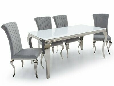 Laveda White Glass 200cm Dining Table + Nicole Silver Velvet Dining Chairs