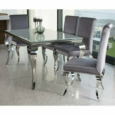 Laveda 200cm White Glass Dining Table + Laveda Grey Chairs