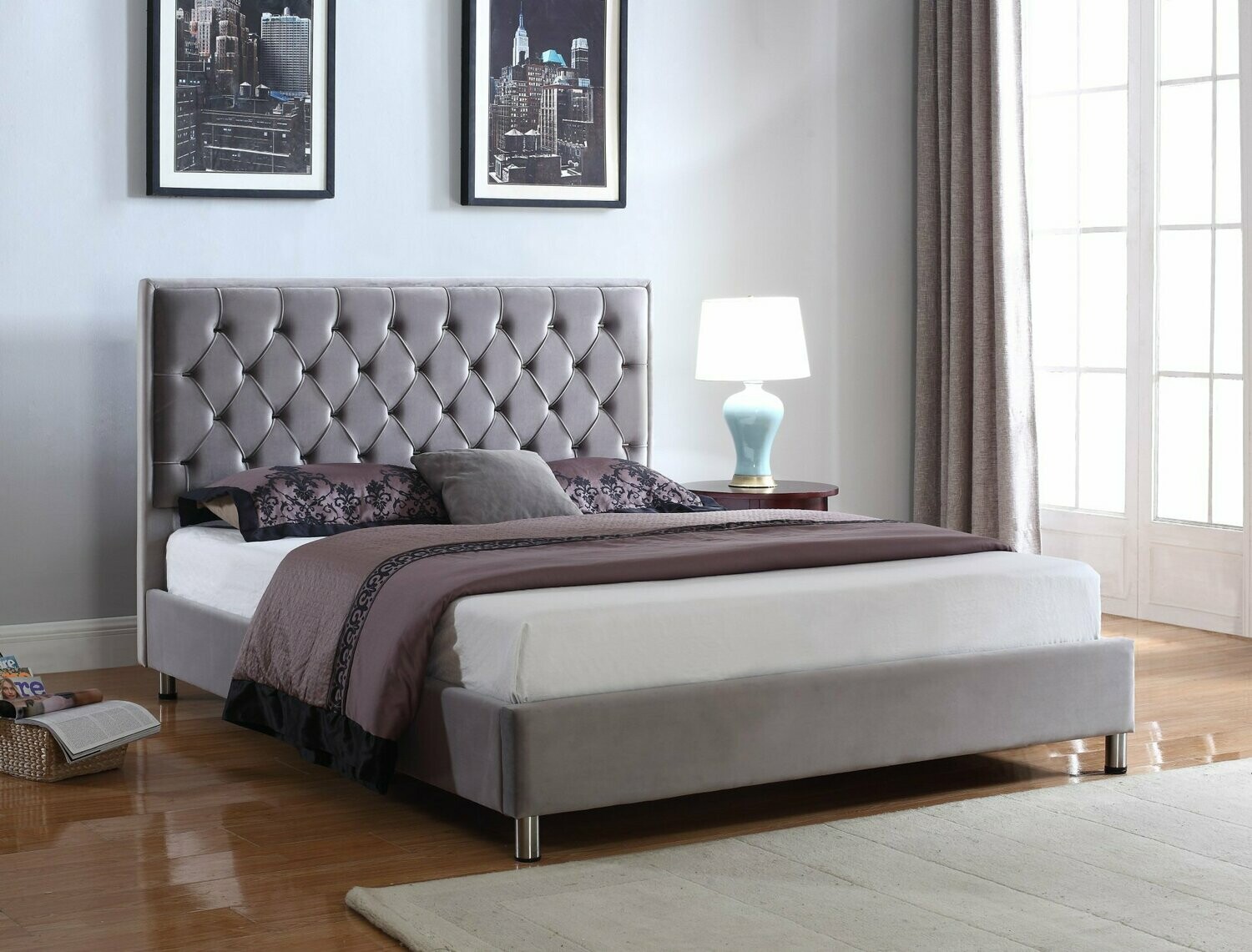 Isabelle Velvet King Size Bed Light Grey