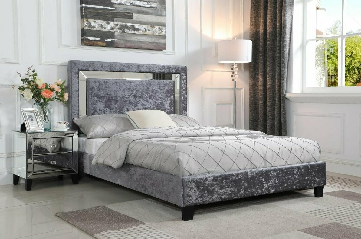 Faustina Mirrored Silver Crushed Velvet Double Bed