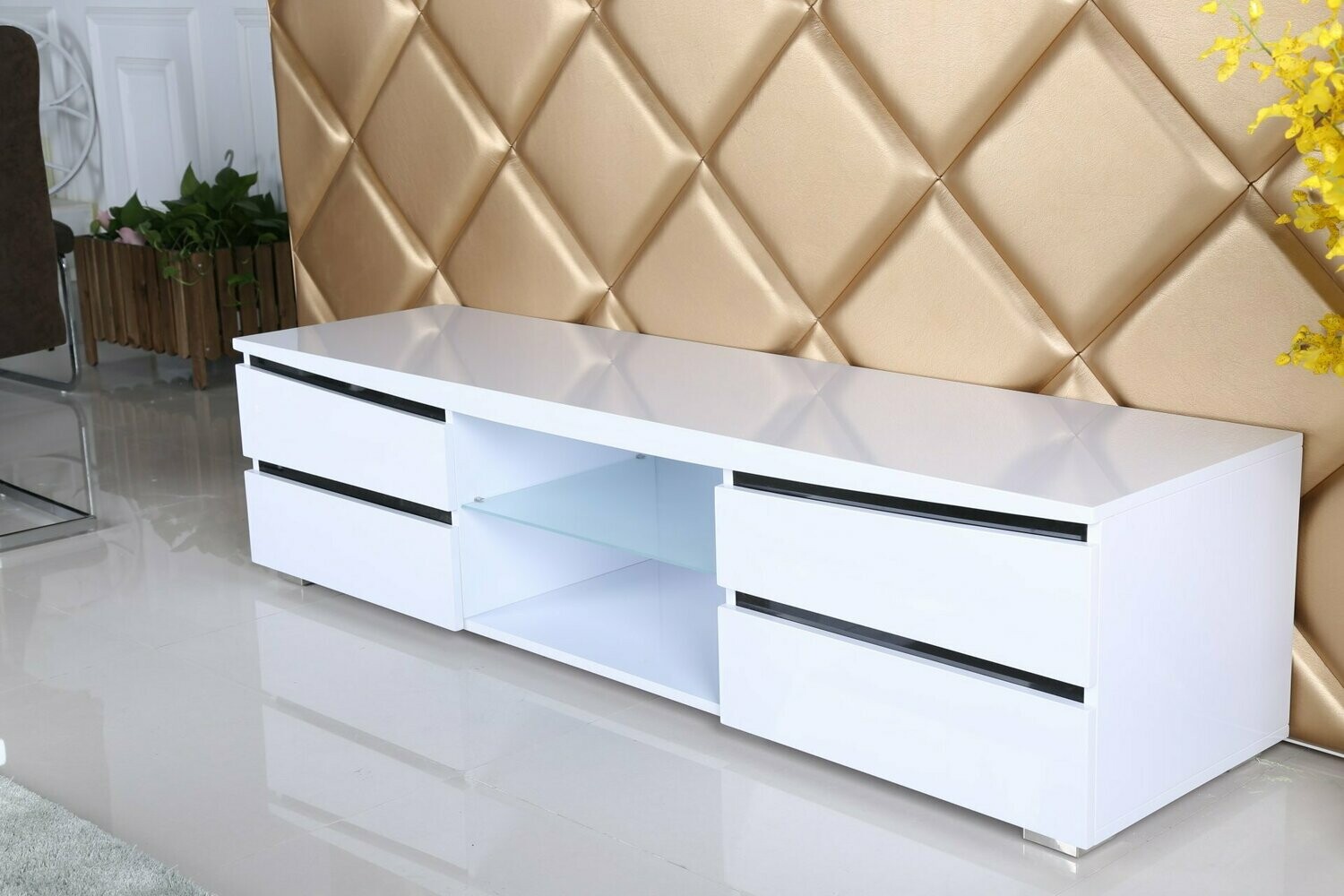 Lyon TV Unit White High Gloss 3 Drawer Glass Shelf