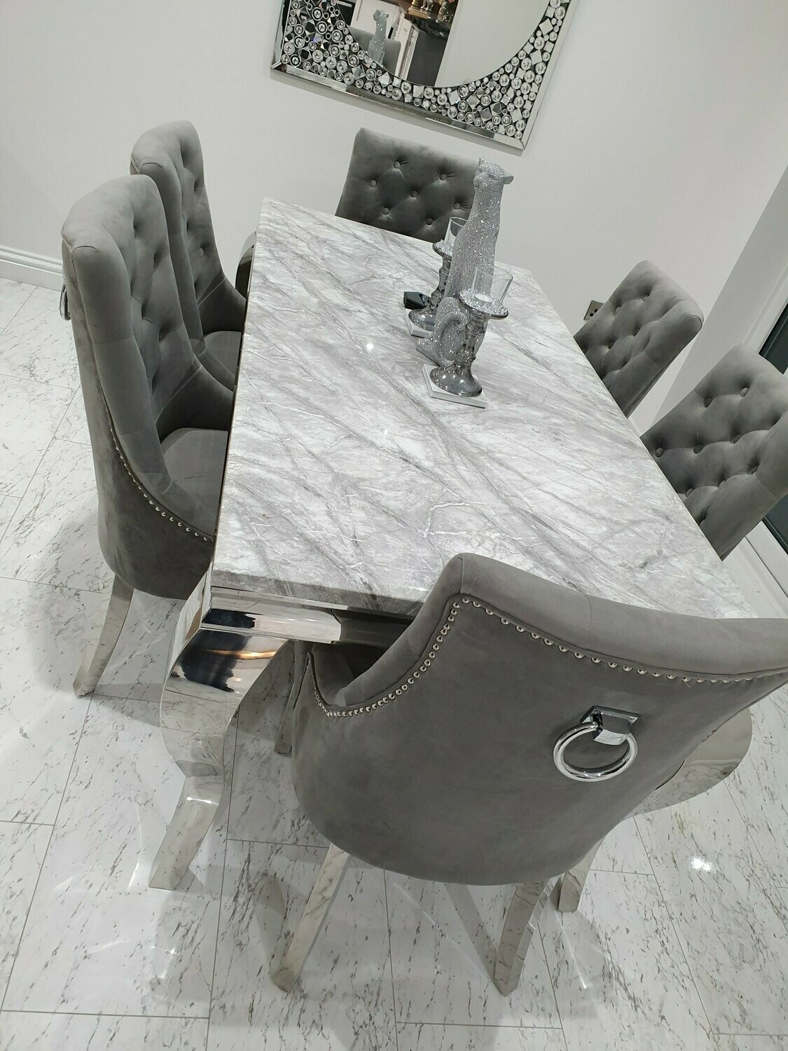 laveda 180cm light grey marble dining table  canterbury velvet chairs