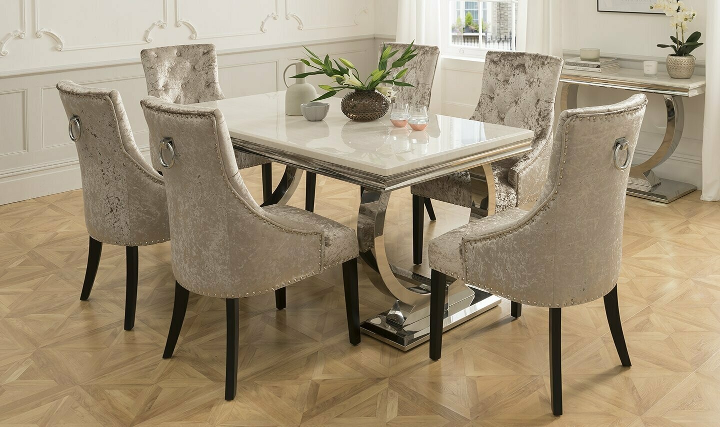 Giovanna 200cm Cream Marble & Chrome Dining Table Set
