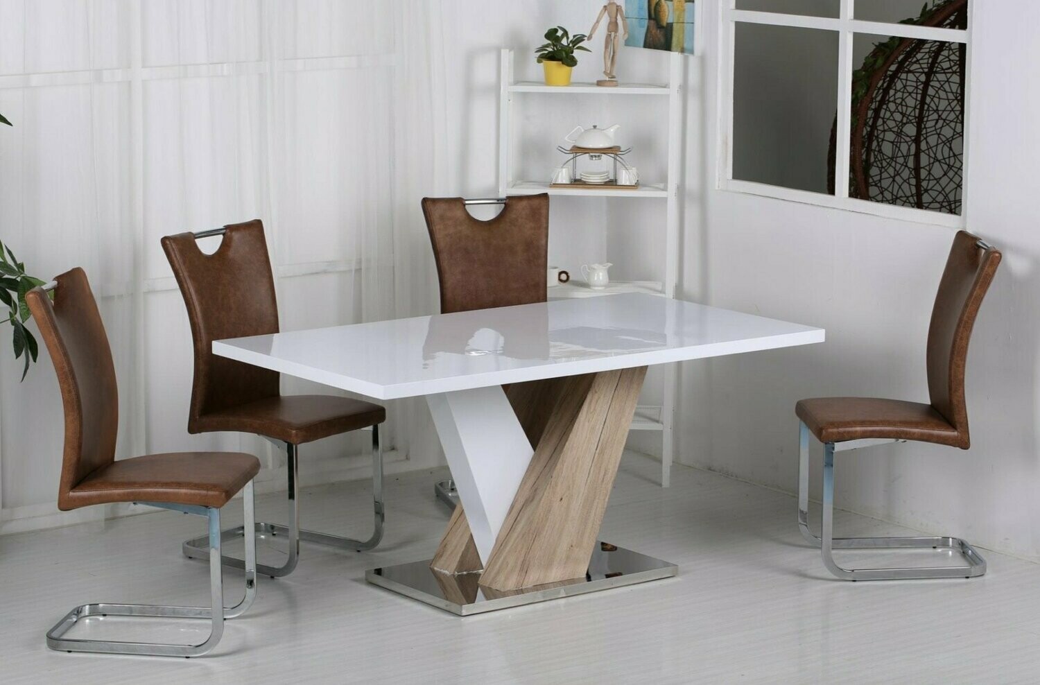 Nahla White Gloss Natural Oak Effect 160cm Dining Table