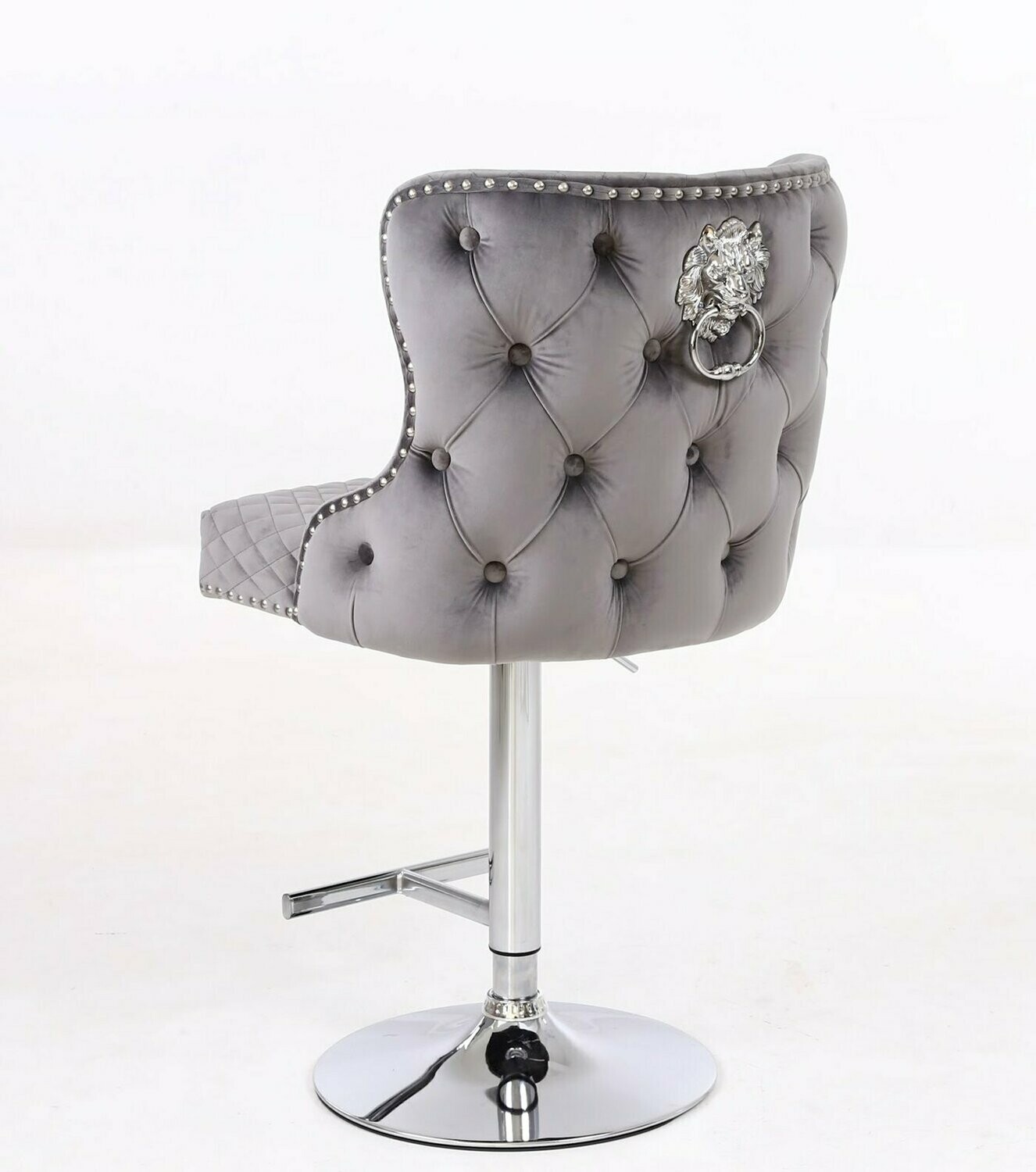 Cambridge Quilted Lion Knockerback Grey Velvet Bar Stool