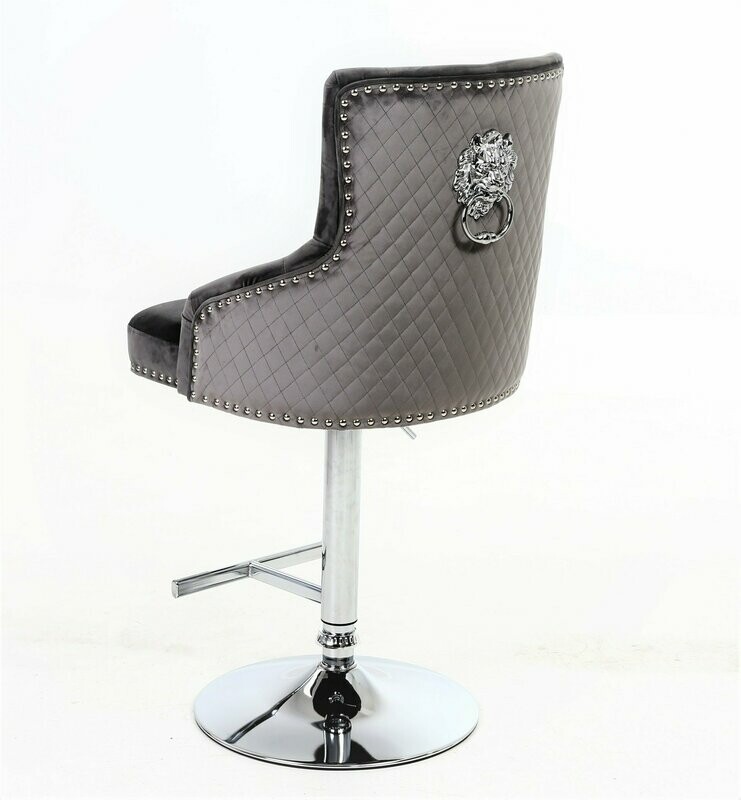 Avery Quilted Lion Knockerback Grey Velvet Bar Stool