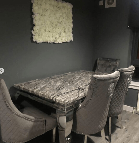 Laveda 200cm Dark Grey Marble + Grey Quilted Knockerback Chairs Dining