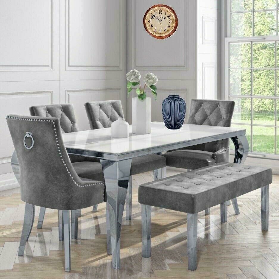 Laveda 160cm White Glass Dining Table + Canterbury Grey Chairs