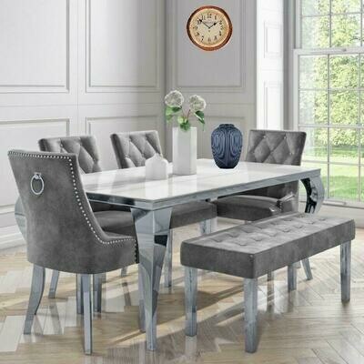 Laveda 160cm White Glass Dining Table + Canterbury Grey Chairs