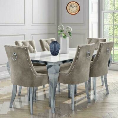 Laveda 160cm White Glass Dining Table + Canterbury Mink Chairs