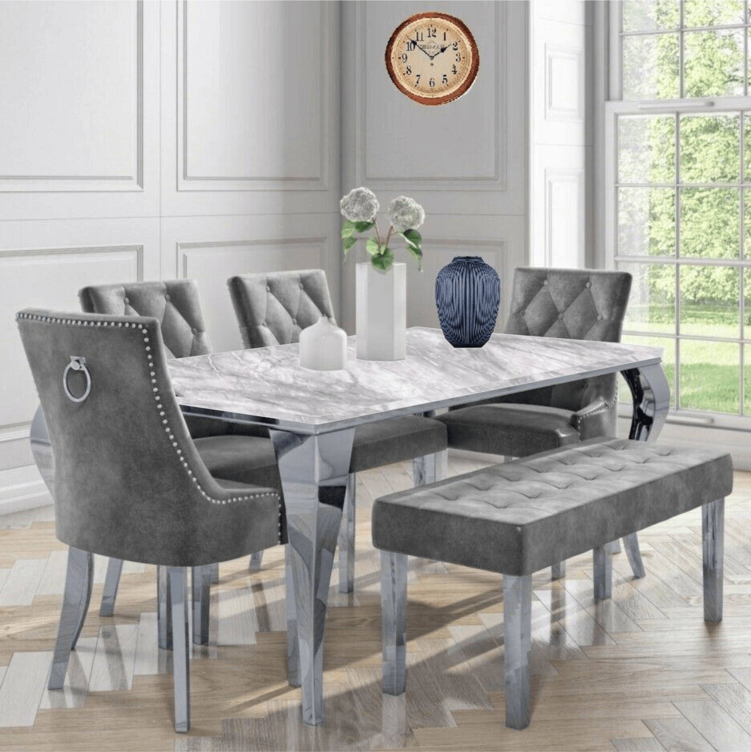Laveda 180cm Grey Marble Dining Table + Canterbury Grey Chairs