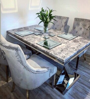 Xena 180cm Light Grey Marble & Chairs Chrome Dining Table Set