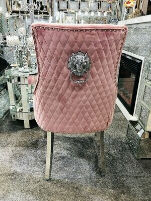 Avery Luxury Quilted Pink VELVET Chrome Leg Lion Knocker Dining Chair