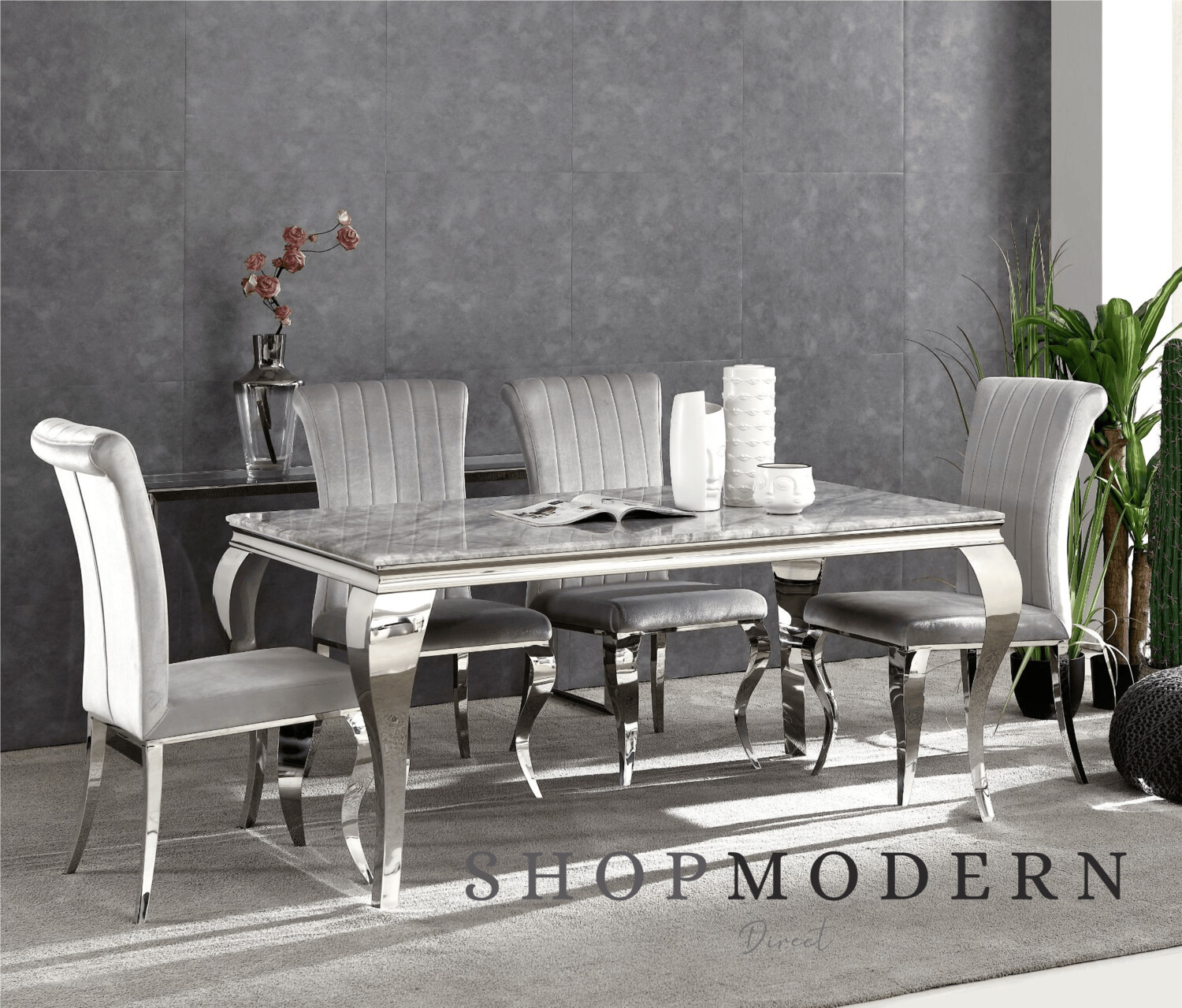 Laveda Grey Marble 140cm Dining Table + Nicole Silver Velvet Dining Chairs