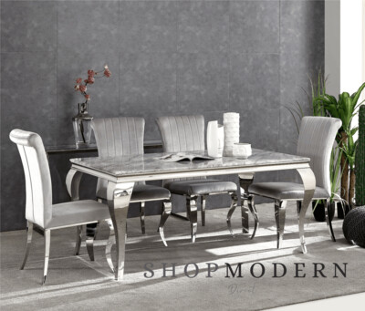 Laveda Grey Marble 150cm Dining Table + Nicole Silver Velvet Dining Chairs