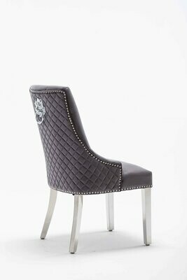 Abbey Quilted Dark Grey VELVET Chrome Leg Lion Knocker Dining Chair