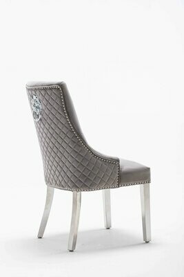 Abbey Quilted Light Grey VELVET Chrome Leg Lion Knocker Dining Chair