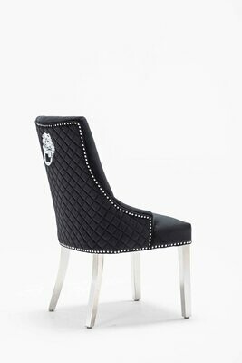 Abbey Quilted Black VELVET Chrome Leg Lion Knocker Dining Chair