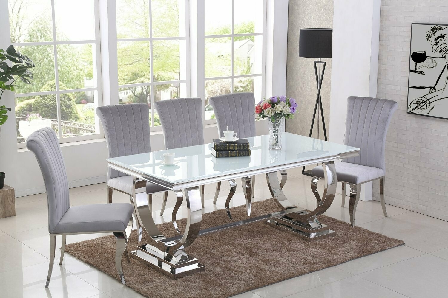 Giovanna White Glass & Chrome 180cm Dining Table + Nicole Dining Chairs