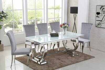Giovanna White Glass & Chrome 180cm Dining Table + Nicole Dining Chairs