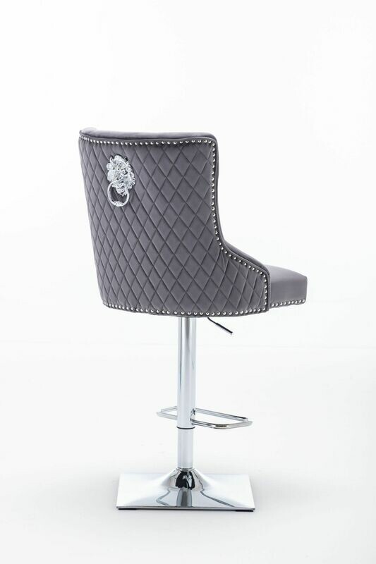 Abbey Quilted Lion Knockerback Dark Grey Velvet Bar Stool