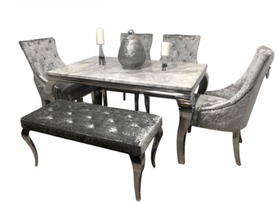 Laveda Grey Marble 180cm Dining Table + Silver Crushed Belle Dining Chairs