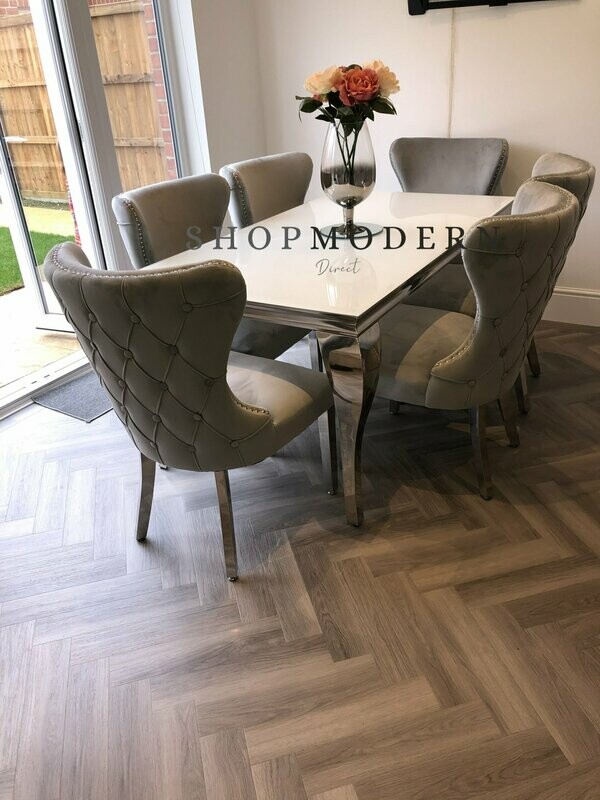 Laveda White Glass 160cm Dining Table + Royale Velvet Dining Chairs