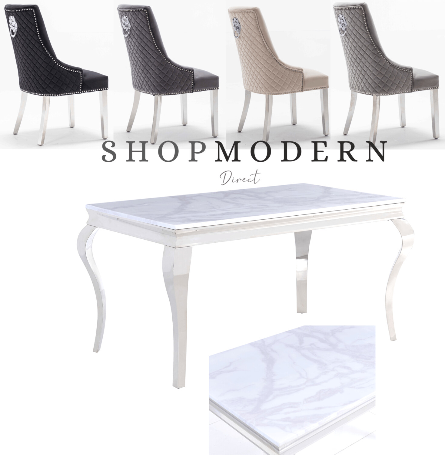Laveda 160cm White & Grey Marble Dining Table + Quilted Knocker Lion Chairs