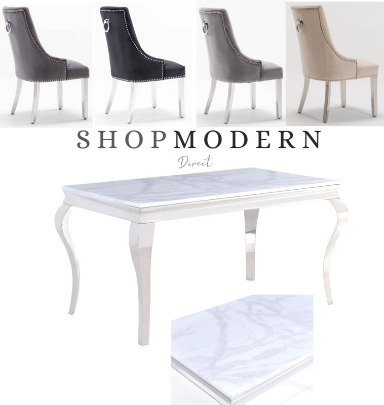 Laveda 160cm White & Grey Marble Dining Table + Canterbury Velvet Chairs