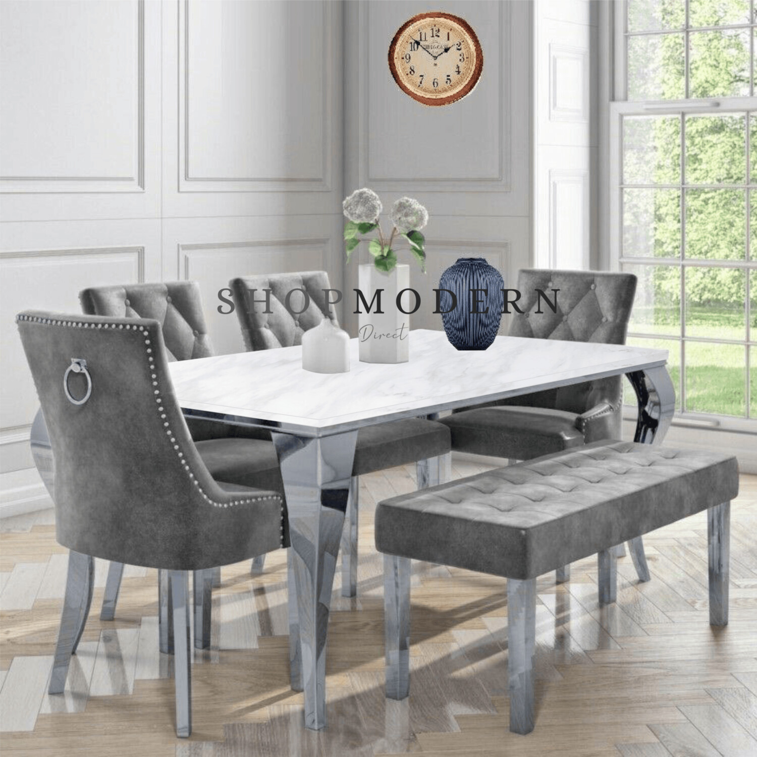 Laveda 160cm White & Grey Marble Dining Table + Canterbury Chairs Bench
