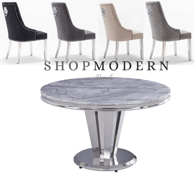 Aventus 130cm Grey Marble & Abbey Lion Dining Table Set
