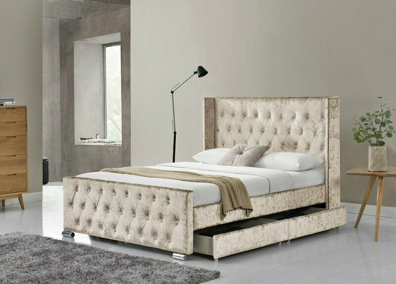 Eliza Champagne Crushed Velvet 4 Drawer King Bed